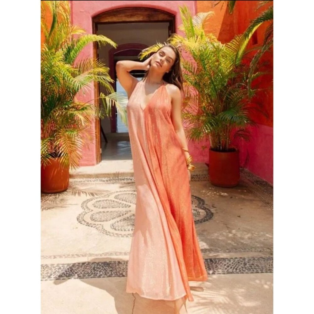 Sundress Metallic Maxi Dress Natasha Marbella Halter Gold Pink Terracotta XS/S